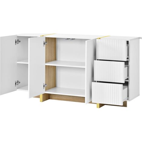 Weißes Sideboard 140 cm mit 3 Türen, 3 Schubladen, goldenen Details und Holzoptik-Sockel (1/5)