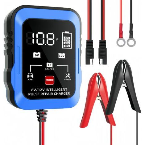 6V/12V Blaues 6V/12V Ladegerät für Auto- und Motorradbatterien, kompatibel mit Blei-Säure-Batterien