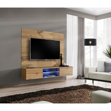 Ensemble meuble TV mural Switch PR3 avec vitrine et éclairage LED - Bois MDF chêne Wotan - 180 x 148 x 40 cm - Livraison gratuite