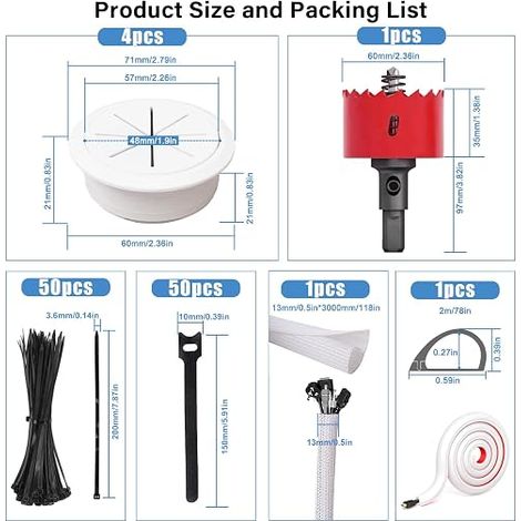 60 mm Cable Management Kit with Hole Saw for TV Wall Table Office - Includes Braided Sheath (1/4)