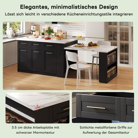 Îlot de cuisine multifonctionnel avec table extensible noire 150cm+96cm, plan de travail en bois marbré blanc, armoires de rangement intégrées, parfait pour cuisines familiales et repas partagés (1/5)