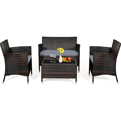 COSTWAY Set 4 Muebles de Jarín de Mimbre para Patio Set Mesa y Sofá de Exterior Set Conversación Entretejido a Mano (1/5)