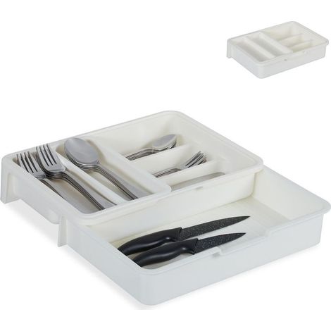 Relaxdays Range couverts ,7 casiers, extensible couvert et ustensiles de cuisine, plastique, HlP 6 x 23,5x31,5cm blanc (1/5)