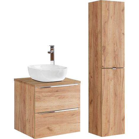 Waschtisch und Hängesäule 60cm April mit 2 Schubladen, Holzoptik (1/5)