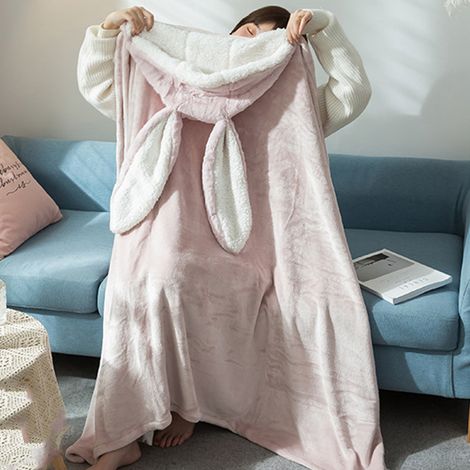 Coperta con cappuccio in poliestere, coperta portatile in peluche con orecchie da coniglio, morbida e calda per la casa, rosa, grande. (1/5)