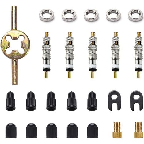 Kit de Remplacement de Valve Sclaverand 25 Pièces - Adaptateur Presta, Outils Pneus Vélo, 5 Valves, 2 Adaptateurs Schrader, Bouchons, 2 Clés, 5 Écrous (1/5)
