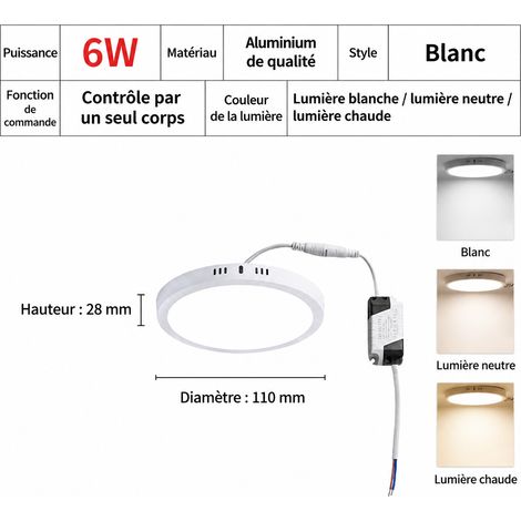 Plafonnier LED ultra-mince en saillie rond 6W blanc 6000K en aluminium 6w φ110 h28mm 6000k 100 g – Livraison gratuite