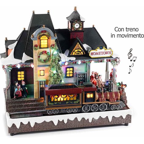 Stazione natalizia in resina con treno in movimento, luci LED e musica. Decorazione animata con dettagli curati, cm 32,5 x 15,5 x 29 H