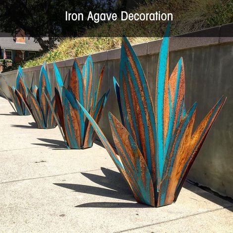 Décor plante agave en métal fer bleu 9 feuilles pour intérieur extérieur jardin balcon (1/2)