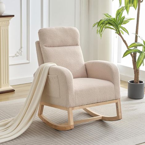 Fauteuil à bascule, avec accoudoirs, deux poches de chaque côté des accoudoirs, dossier incliné, pieds en bois massif, tissu sherpa, style scandinave - beige (1/5)