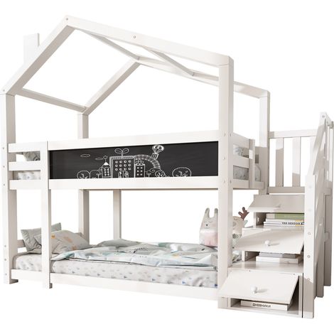 Lit superposé enfant cabane 90x200 cm bois massif/MDF blanc, avec escalier rangement, tableau et 2 sommiers à lattes (1/5)