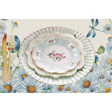 Sets de table en tissu, motif marguerites bleues et papillons, 4 pièces, 30 x 45 cm, pour le printemps et l'été. Décoration idéale pour les fêtes, la maison et les repas. (1/4)