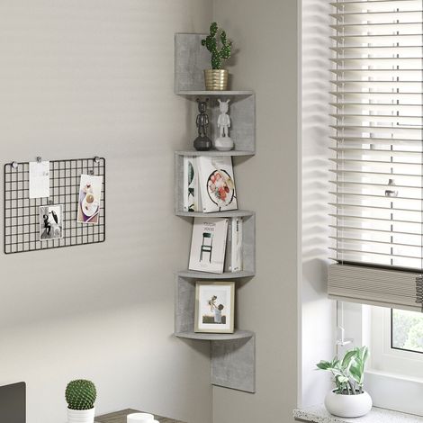 Étagère d'angle en zigzag 5 étagères grise, bois, rangement mural, 20x20x126 cm (1/5)
