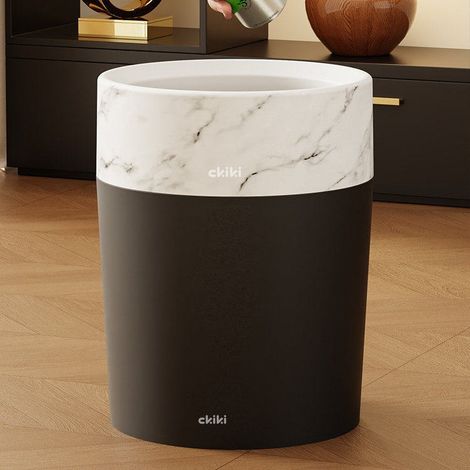 Poubelle cylindrique sans couvercle aspect marbre imitation marbre blanc et noir, 10 litres en plastique, poubelle déco moderne pour salon, cuisine, salle de bain, bureau corbeille à papier domestique (1/5)