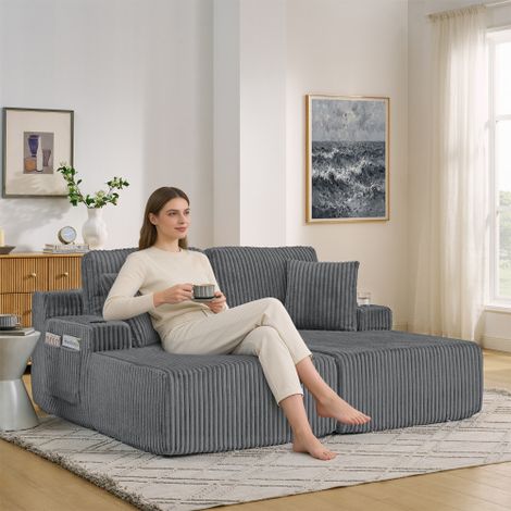 2 sièges canapé-lit relax, chaise salon, cordon doux, avec sac de magazines latéral, porte-boissons et coussins, adapté pour salon, salle de jeux, salle de travail, chambre d'hôtes et appartement