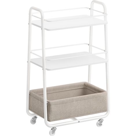 VASAGLE LILEA Collection - Chariot de Rangement avec Panier en Tissu, Chariot à roulettes à 3 Niveaux, avec Étagères, pour Salon, Chambre, Cuisine, Blanc Nuage et Marron Camel (1/5)