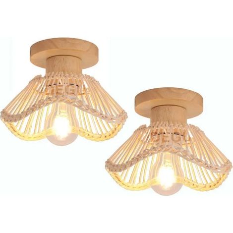 2x Plafonnier Vintage,E27 Lampe de Plafond Industriel Abat-jour en Rotin et Bois Lustre Style Nordique pour Couloir Salon (1/5)