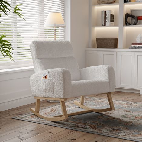 Sunfecili – Fauteuil relax à bascule en laine d'agneau beige – 2 poches latérales – Base antidérapante silencieuse – Dimensions 69,2x78,5x87 cm