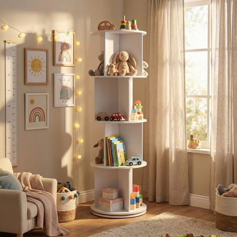 Le Quai Des Affaires – Bibliothèque rotative 40x40x128.5cm – 12 compartiments – MDF blanc – Rotation 360° pour gain de place – Design géométrique moderne (1/5)