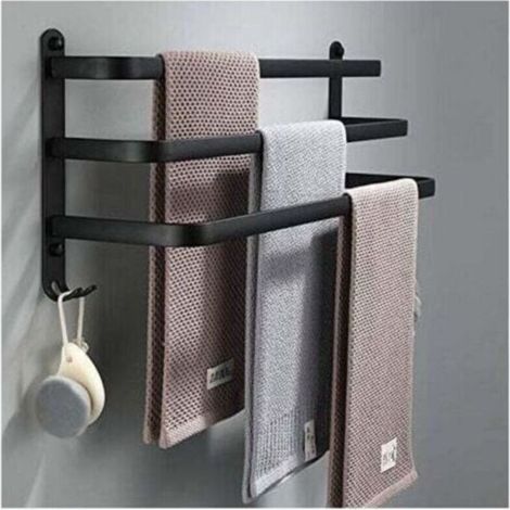 Porte Serviettes Salle de Bains Noir - Barres Porte Serviettes Adhesif Mural - Étanche avec Crochet(50cm, Three Bars) TRIMEC (1/5)