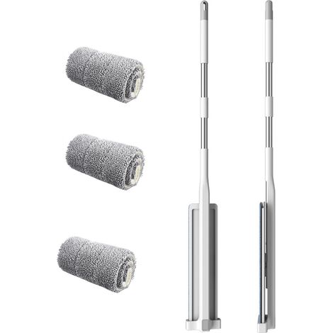 Serpillière plate en microfibre à long manche, lavage à la main gratuit, grand balai plat pour sols secs et humides, kit de nettoyage blanc 36 plaques avec 3 lingettes (1/5)
