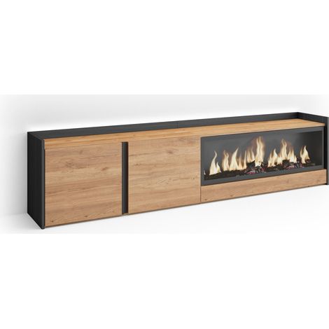 Skraut Home - Mueble TV, Televisión, Muebles de salón, almacenaje, 212x35x50cm, Para TV hasta 80", Chimenea eléctrica XXL, LED, Estilo Moderno, Roble y negro (1/5)