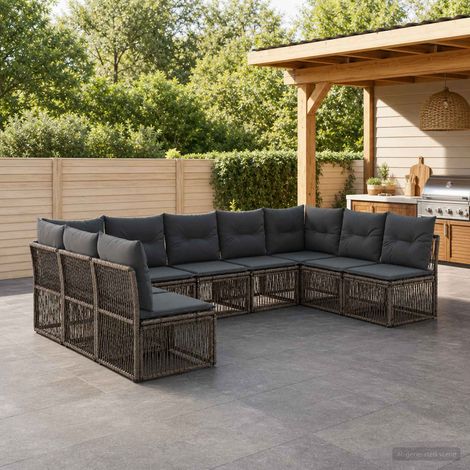 Salon de jardin 9 pièces en polyrotin gris, canapé modulable avec coussins amovibles - PANGIVO (1/5)