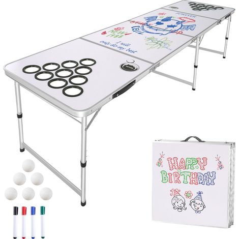 Table de Beer Pong Pliante Table de Jeu à Boire 52-70 cm de Haut, Pour Bière-pong Fête Partie Camping Avant-matchs, 2,4 m de Long, Avec Trous pour Gobelets et Marqueurs Effaçables à Sec (1/5)