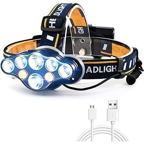 Linterna frontal USB superbrillante de 18000 lúmenes con 8 LED, 8 modos y luz indicadora roja. Linterna frontal recargable e impermeable, ideal para acampar, pescar y correr. (1/5)