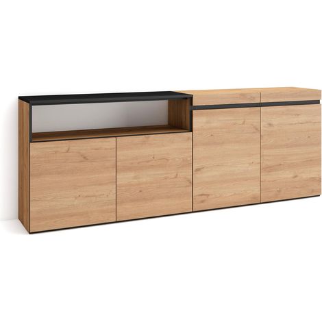 Skraut Home – Buffet moderne chêne et noir – Meuble de rangement 200x35x75cm – 4 portes – Commode pour salon et cuisine (1/5)