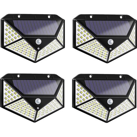 4 lampes solaires extérieures 100 LED, éclairage mural sans fil à 270° , solaires de jardin étanches à l'eau avec détecteur de mouvement avec 3 modes de détection, facile à installer,blanche froide (1/5)