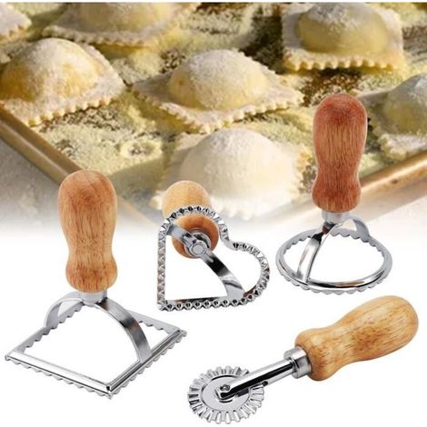 4-Piece Ravioli Cutter Set, Square, Round, and Heart Shapes, Ravioli Maker Wheel with Wooden Handle and Fluted Edge, Ravioli Mold