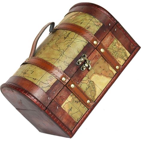 Coffre Trésor en Bois Style Rétro Petit Format 26X16X16 CM Boîte de Rangement Décorative pour Bijoux et Accessoires Motif Carte Couleur Couleur (1/5)