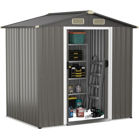 GOPLUS 2,34m² Abri de Rangement en Acier Galvanisé, Maison à Outil de Jardin avec Porte Coulissant Verrouillable, 4,36m³, 4 Évent d'Air, Toit Incliné, Résistant aux Intempérie, Idéal pour Arrière-cour (1/5)