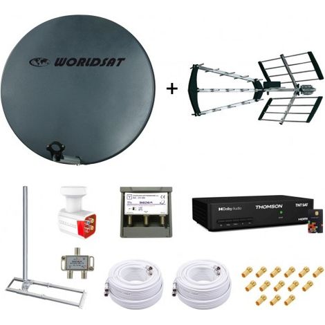 Kit Parabole Fibre 75cm + Antenne TNT + Support Toit + LNB Quad + Coupleur SAT TV + Décodeur TNTSAT + 2 Câbles Twin 25m + 14 Fiches F (1/5)