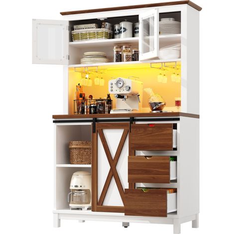 Aparador Alto de Cocina con 1 Puerta Corredera de Vidrio, 1 Cajón, Estantes Ajustables y LED, 104x40x180 cm, Blanco (1/5)