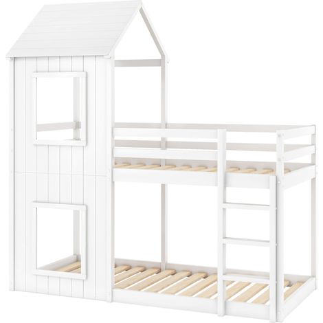 Kinder-Hausbett mit Leiter und Dach 90 x 200 cm Weiß Kiefer und MDF (1/5)