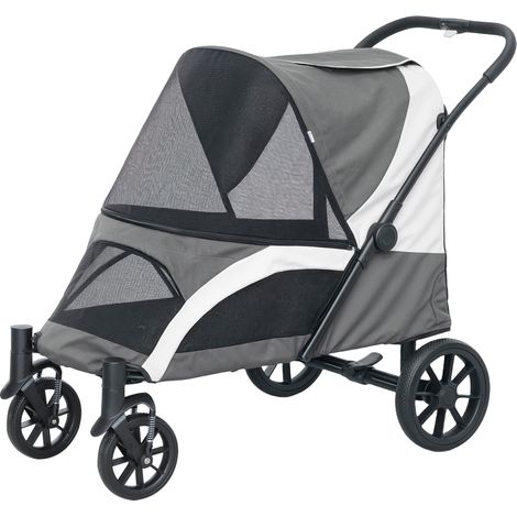 Poussette pour chien pliable grands chiens 4 roues laisses sécurité freins gris foncé