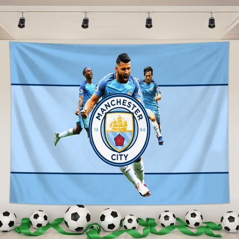 Tapisserie Murale Foot, Écussons Man City,Tissu Peachskin, Pour Salon, Bar, Chambre, Fan Zone, Outils Montage Inclus,12, 150x130cm