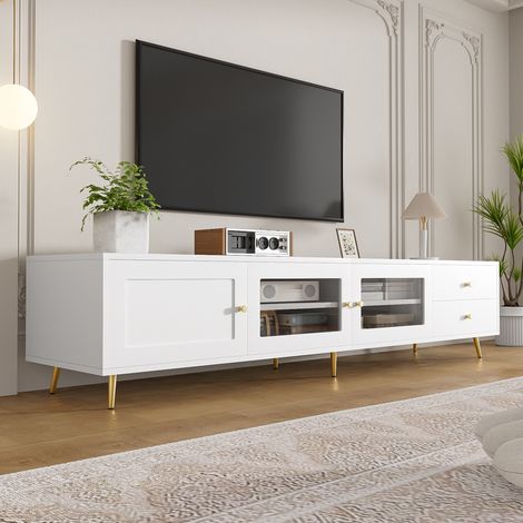 Meuble tv bas moderne 170x40x28 cm salon - buffet tv avec 2 tiroirs 2 portes en verre et 1 porte en bois robuste - blanc (1/5)