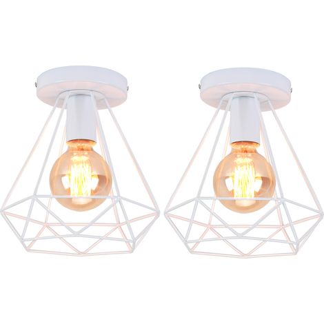 2X-Plafones Retro De Diamante Lampara Techo 20CM De Metal Blanco Lustre Industrial E27 Lámparas De Colgar Antigua Vintage