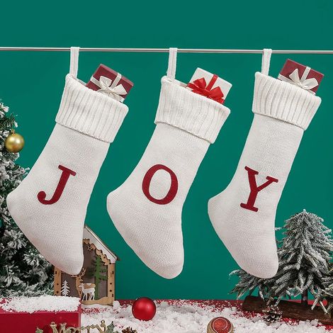 Lot de 3 décorations de Noël en laine tricotée, sacs cadeaux suspendus, chaussettes de Noël, grands cadeaux à suspendre (1/5)