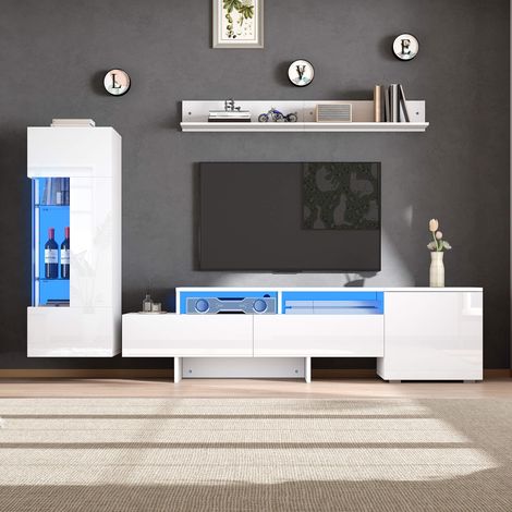 Chingnimon 3-teiliger wandmontierter TV-Schrank weiß glänzend mit LED, Acryl-Türen, Glas-Trennwände, TV bis 70" (1/5)