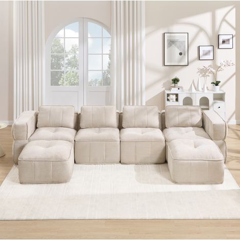 Canapé modulable en U 4 places en tissu beige, 344 x 162 x 67 cm, avec 2 poufs, accoudoirs larges et base antidérapante, sans montage – de FLORAGRACE (1/5)