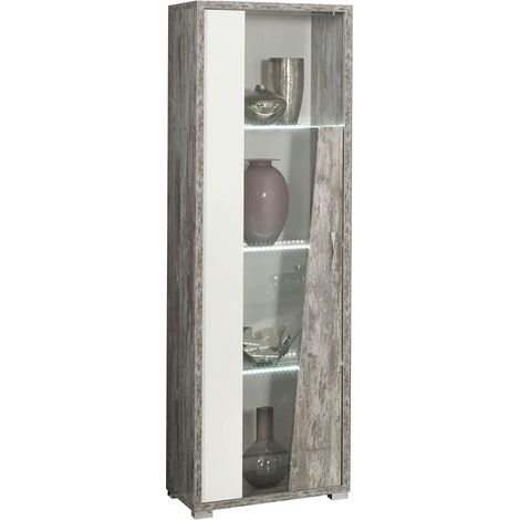DENYS - Vitrine 1 Porte Gauche Laqué Blanc et Effet Bois Taupe (1/3)