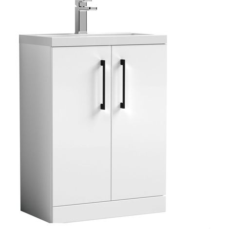 Balterley Bramshall Compact Bathroom Cloakroom Vanity Basin Unit with Ceramic Basin, Black Handles, 600mm, Gloss White (1/3)