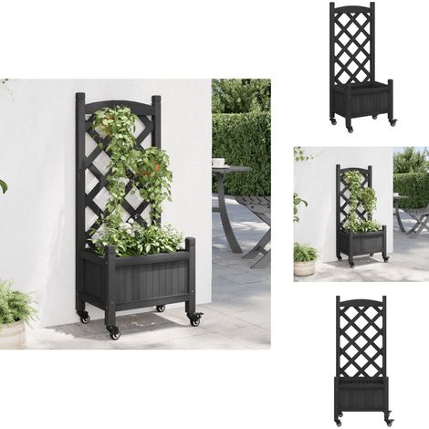 Jardinière avec treillis et roues gris bois massif de sapin - Jardinier - Pot De Fleurs - Jardinerie - Plante Grimpante - Rosier (1/5)