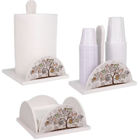 Lupia - Set 3 Pezzi Porta Bicchieri, Tovaglioli e Rotolo  Stile Albero della Vita Shabby White TREE WHITE  Adatto a Ogni Stile  Accessori Cucina in Legno