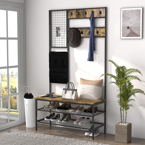 Appendiabiti da ingresso 100x40x185 cm marrone effetto legno in legno ingegnerizzato con panca e 9 ganci (1/5)