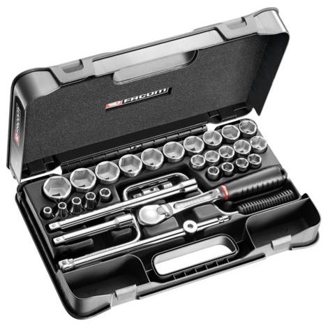 Facom – Coffret cliquet et douilles 1/2' – 30 pièces – 24 douilles 6 pans métriques de 8 à 34 mm – 2 rallonges et 1 cardan – Pour usage intensif (1/4)